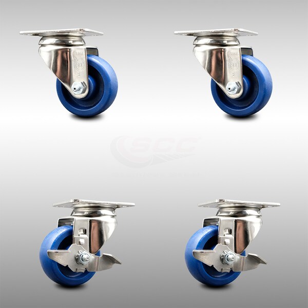 3 Inch 316SS Solid Polyurethane Wheel Swivel Top Plate Caster Brakes SCC, 2PK